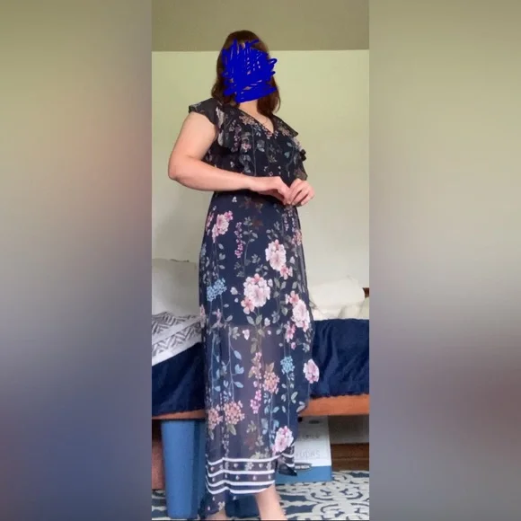 Navy Blue with Pink and Green Florals Wedding Guest Dress - Picture 3 of 4